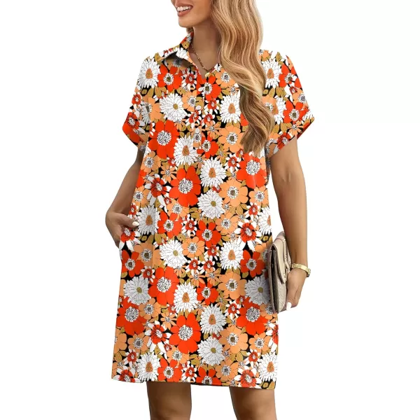 HOTOUCH Womens Summer Shirt Dress Short Sleeve Floral Shift Dress Casual Loose Flowy Beach Sundress with PocketsWhite Red Orange Floral