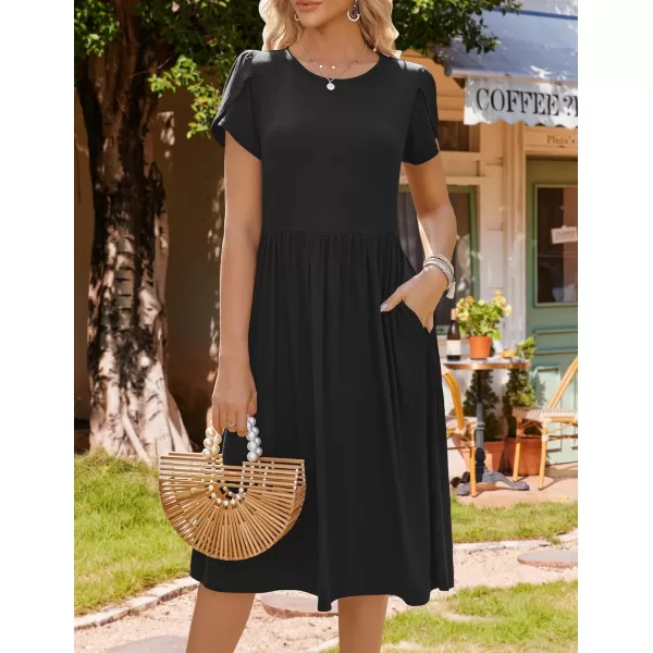 HOTOUCH Womens Summer Short Sleeve ALine Midi Dresses Casual Floral TShirt Dress Flowy Beach Sundress with Pockets01solid Black