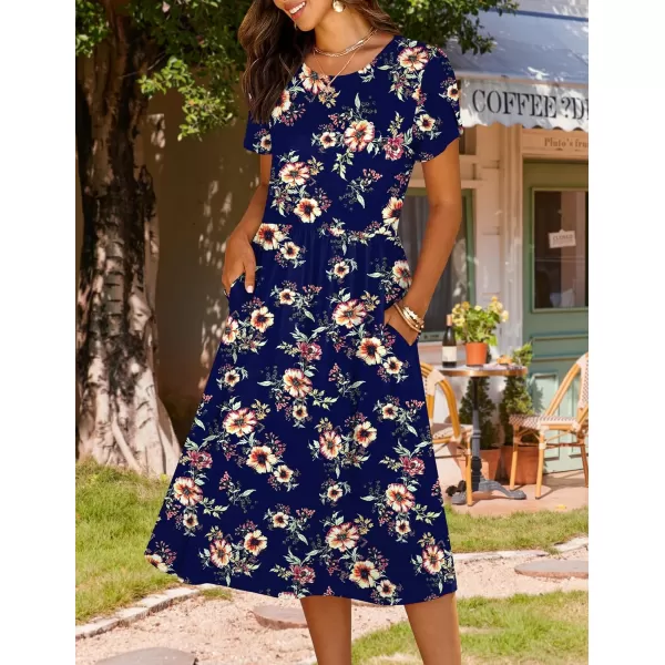 HOTOUCH Womens Summer Short Sleeve ALine Midi Dresses Casual Floral TShirt Dress Flowy Beach Sundress with PocketsBlue Floral