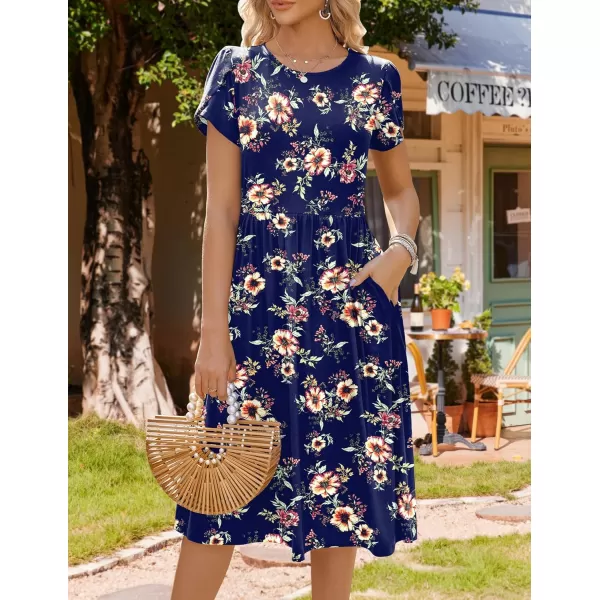 HOTOUCH Womens Summer Short Sleeve ALine Midi Dresses Casual Floral TShirt Dress Flowy Beach Sundress with PocketsBlue Floral