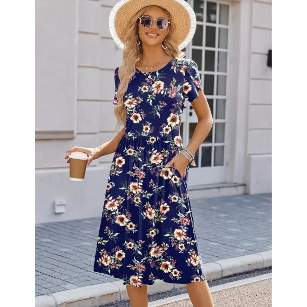 HOTOUCH Womens Summer Short Sleeve ALine Midi Dresses Casual Floral TShirt Dress Flowy Beach Sundress with PocketsBlue Floral