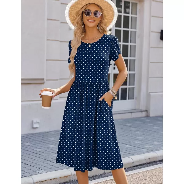 HOTOUCH Womens Summer Short Sleeve ALine Midi Dresses Casual Floral TShirt Dress Flowy Beach Sundress with PocketsBlue Round Dot