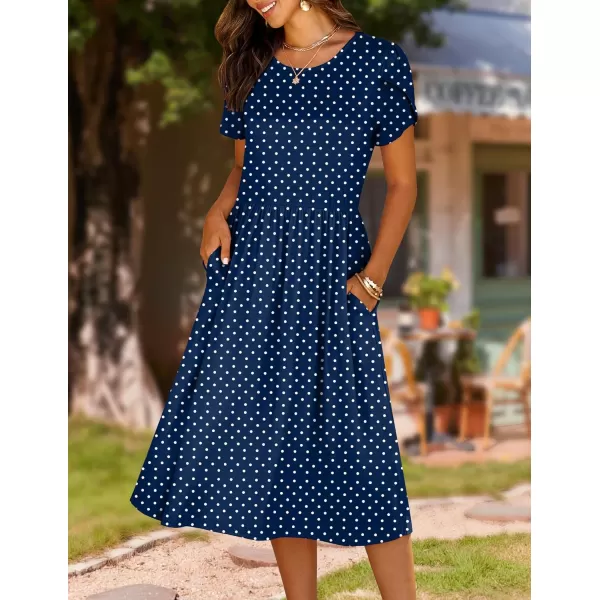 HOTOUCH Womens Summer Short Sleeve ALine Midi Dresses Casual Floral TShirt Dress Flowy Beach Sundress with PocketsBlue Round Dot