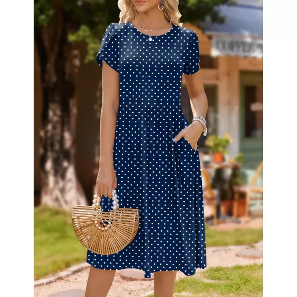 HOTOUCH Womens Summer Short Sleeve ALine Midi Dresses Casual Floral TShirt Dress Flowy Beach Sundress with PocketsBlue Round Dot