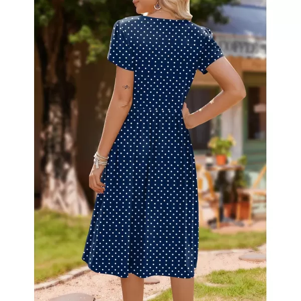 HOTOUCH Womens Summer Short Sleeve ALine Midi Dresses Casual Floral TShirt Dress Flowy Beach Sundress with PocketsBlue Round Dot