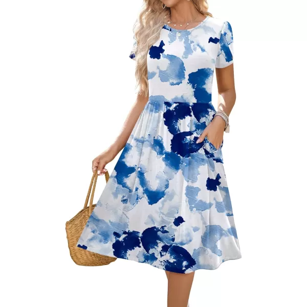 HOTOUCH Womens Summer Short Sleeve ALine Midi Dresses Casual Floral TShirt Dress Flowy Beach Sundress with PocketsBluetie Dye