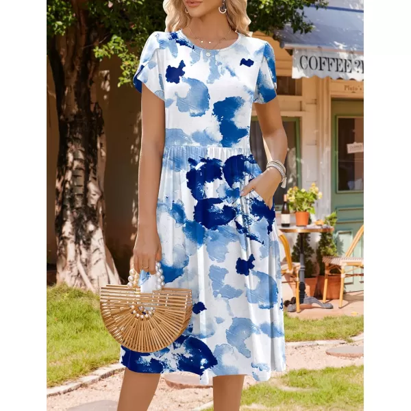 HOTOUCH Womens Summer Short Sleeve ALine Midi Dresses Casual Floral TShirt Dress Flowy Beach Sundress with PocketsBluetie Dye