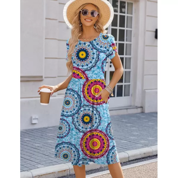 HOTOUCH Womens Summer Short Sleeve ALine Midi Dresses Casual Floral TShirt Dress Flowy Beach Sundress with PocketsBohemian Blue