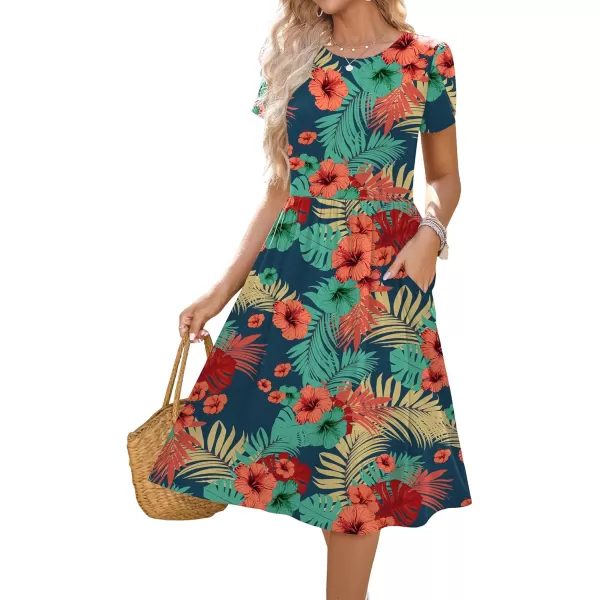 HOTOUCH Womens Summer Short Sleeve ALine Midi Dresses Casual Floral TShirt Dress Flowy Beach Sundress with PocketsDh720