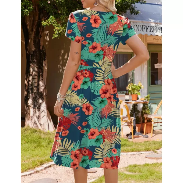 HOTOUCH Womens Summer Short Sleeve ALine Midi Dresses Casual Floral TShirt Dress Flowy Beach Sundress with PocketsDh720