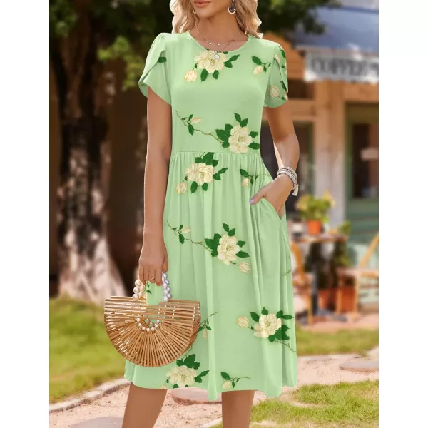 HOTOUCH Womens Summer Short Sleeve ALine Midi Dresses Casual Floral TShirt Dress Flowy Beach Sundress with PocketsGreen Flower