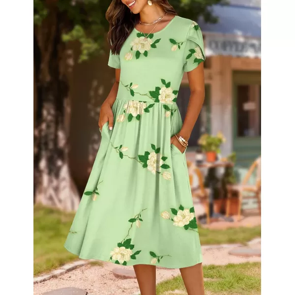 HOTOUCH Womens Summer Short Sleeve ALine Midi Dresses Casual Floral TShirt Dress Flowy Beach Sundress with PocketsGreen Flower