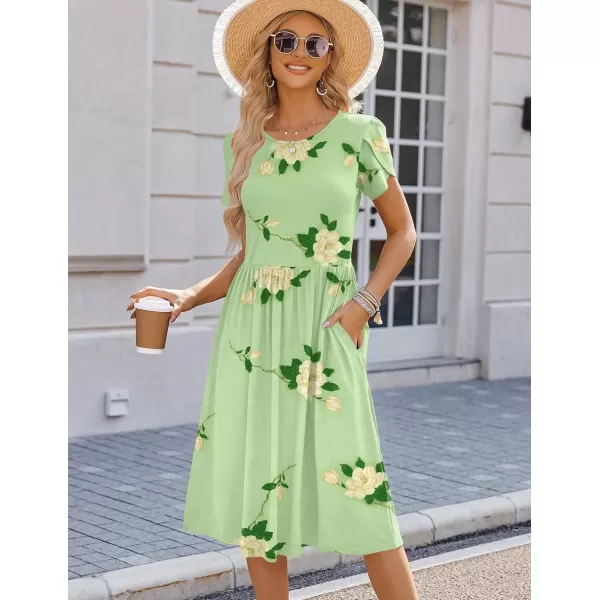 HOTOUCH Womens Summer Short Sleeve ALine Midi Dresses Casual Floral TShirt Dress Flowy Beach Sundress with PocketsGreen Flower