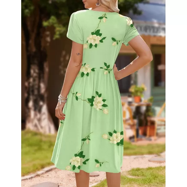 HOTOUCH Womens Summer Short Sleeve ALine Midi Dresses Casual Floral TShirt Dress Flowy Beach Sundress with PocketsGreen Flower