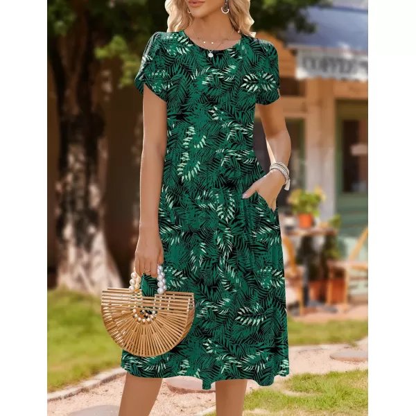 HOTOUCH Womens Summer Short Sleeve ALine Midi Dresses Casual Floral TShirt Dress Flowy Beach Sundress with PocketsGreen Leaf Floral