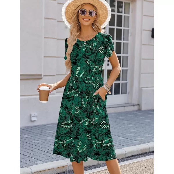 HOTOUCH Womens Summer Short Sleeve ALine Midi Dresses Casual Floral TShirt Dress Flowy Beach Sundress with PocketsGreen Leaf Floral