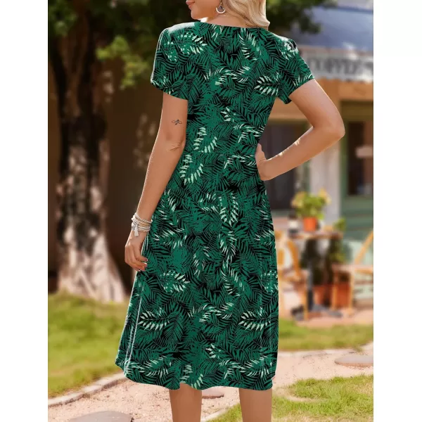 HOTOUCH Womens Summer Short Sleeve ALine Midi Dresses Casual Floral TShirt Dress Flowy Beach Sundress with PocketsGreen Leaf Floral