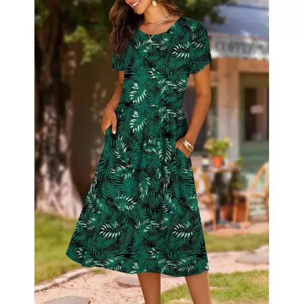 HOTOUCH Womens Summer Short Sleeve ALine Midi Dresses Casual Floral TShirt Dress Flowy Beach Sundress with PocketsGreen Leaf Floral