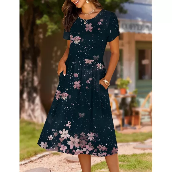 HOTOUCH Womens Summer Short Sleeve ALine Midi Dresses Casual Floral TShirt Dress Flowy Beach Sundress with PocketsPink Flower