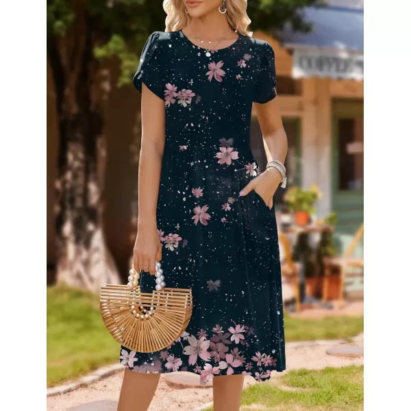 HOTOUCH Womens Summer Short Sleeve ALine Midi Dresses Casual Floral TShirt Dress Flowy Beach Sundress with PocketsPink Flower