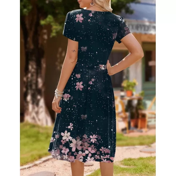 HOTOUCH Womens Summer Short Sleeve ALine Midi Dresses Casual Floral TShirt Dress Flowy Beach Sundress with PocketsPink Flower