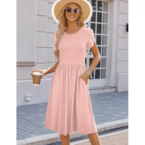 HOTOUCH Womens Summer Short Sleeve ALine Midi Dresses Casual Floral TShirt Dress Flowy Beach Sundress with PocketsPink Round Dot