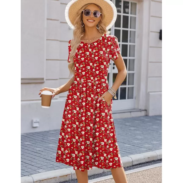 HOTOUCH Womens Summer Short Sleeve ALine Midi Dresses Casual Floral TShirt Dress Flowy Beach Sundress with PocketsRed Flower