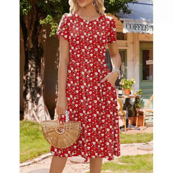 HOTOUCH Womens Summer Short Sleeve ALine Midi Dresses Casual Floral TShirt Dress Flowy Beach Sundress with PocketsRed Flower