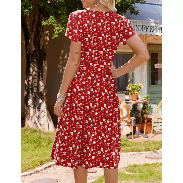 HOTOUCH Womens Summer Short Sleeve ALine Midi Dresses Casual Floral TShirt Dress Flowy Beach Sundress with PocketsRed Flower