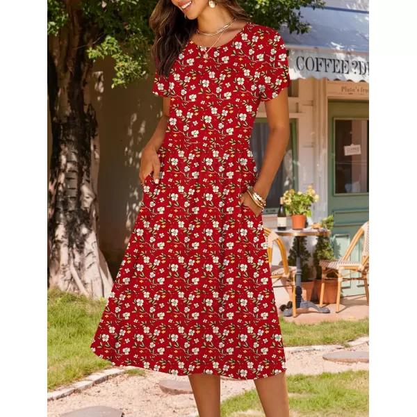 HOTOUCH Womens Summer Short Sleeve ALine Midi Dresses Casual Floral TShirt Dress Flowy Beach Sundress with PocketsRed Flower