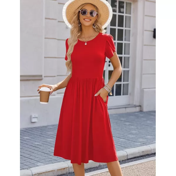 HOTOUCH Womens Summer Short Sleeve ALine Midi Dresses Casual Floral TShirt Dress Flowy Beach Sundress with PocketsSolid Red