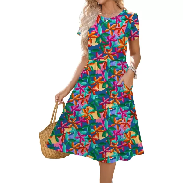 HOTOUCH Womens Summer Short Sleeve ALine Midi Dresses Casual Floral TShirt Dress Flowy Beach Sundress with PocketsXh236