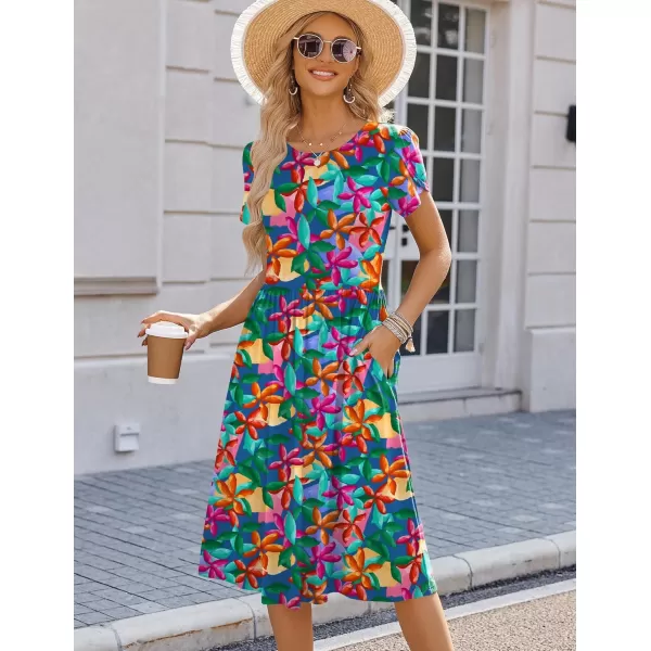 HOTOUCH Womens Summer Short Sleeve ALine Midi Dresses Casual Floral TShirt Dress Flowy Beach Sundress with PocketsXh236