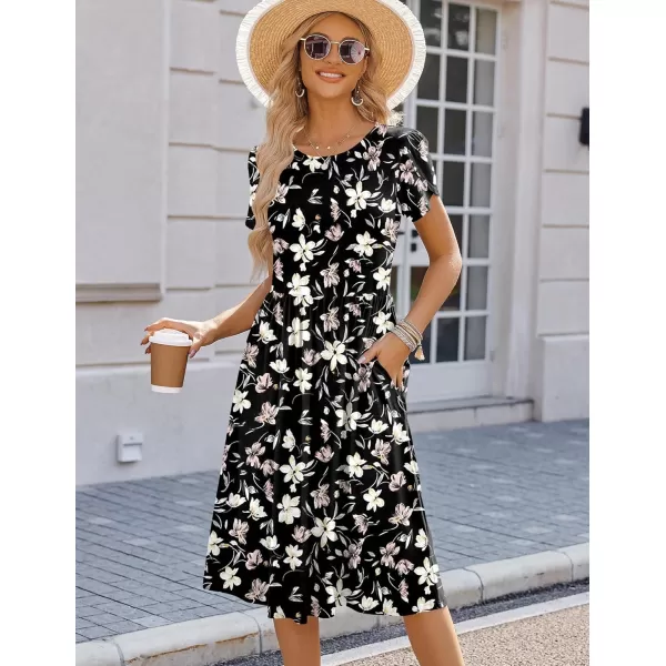 HOTOUCH Womens Summer Short Sleeve ALine Midi Dresses Casual Floral TShirt Dress Flowy Beach Sundress with PocketsXh48