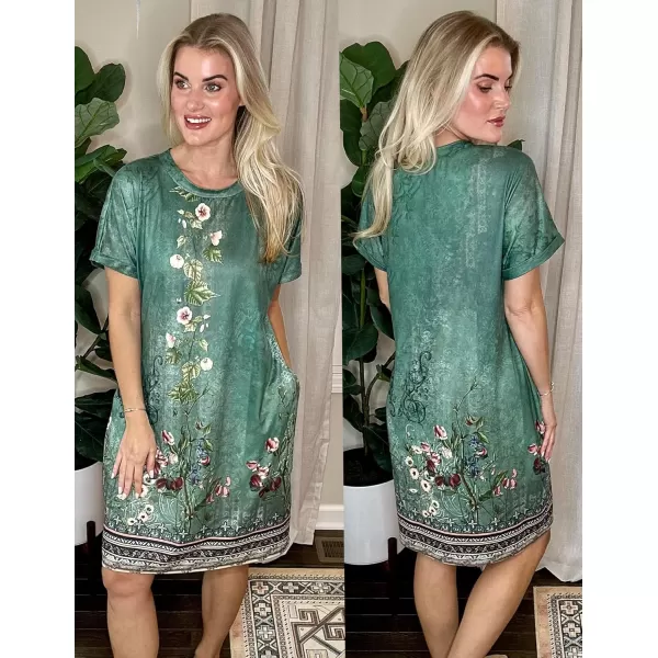 HOTOUCH Womens Super Soft T Shirt Dress Short Sleeve Casual Summer Tunic Dresses Loose Baggy House DressGreen Floral