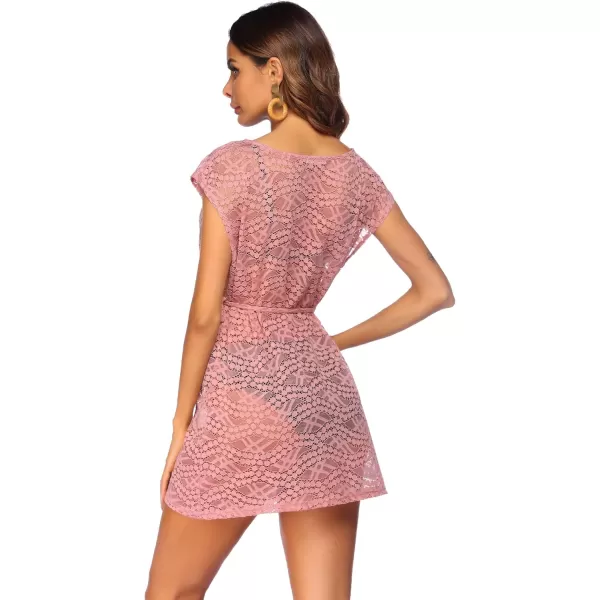 HOTOUCH Womens Swimsuit Beach Cover Up Lace Bikini Beachwear Sheer Bathing Suit Coverups02pink