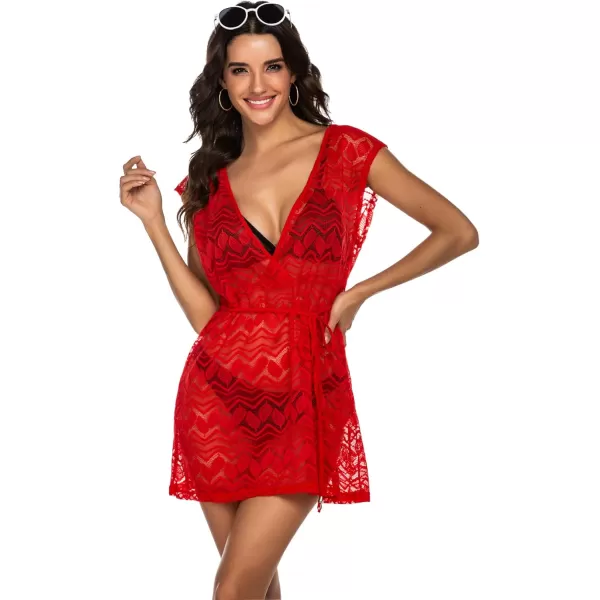 HOTOUCH Womens Swimsuit Beach Cover Up Lace Bikini Beachwear Sheer Bathing Suit Coverups02red