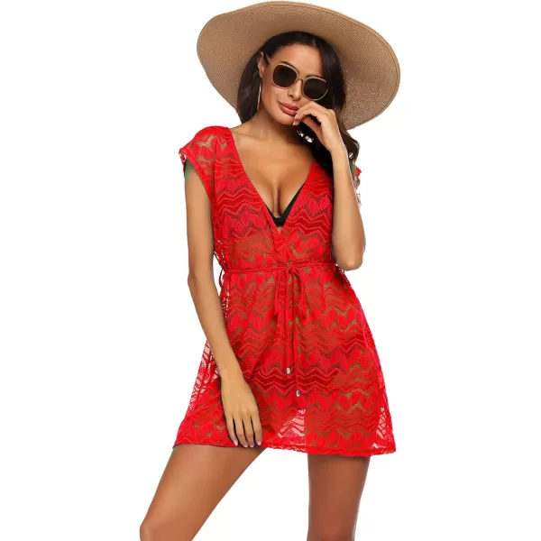 HOTOUCH Womens Swimsuit Beach Cover Up Lace Bikini Beachwear Sheer Bathing Suit Coverups02red
