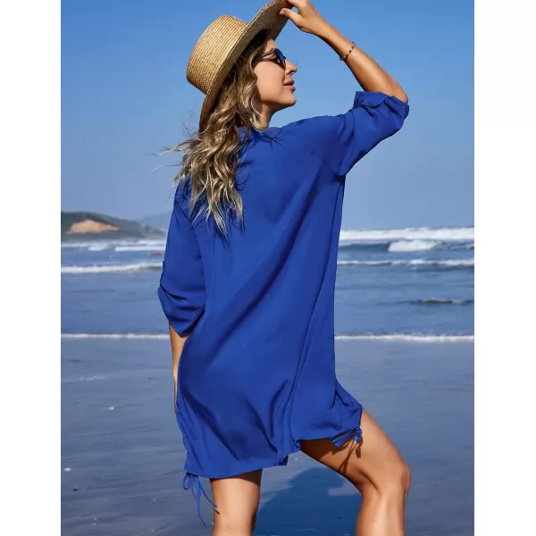 HOTOUCH Womens Swimwear Swimsuit Cover Up Shirt 34 Roll Up Sleeve Bikini Bathing Suit Beach Dress with Sides DrawstringRoyal Blue