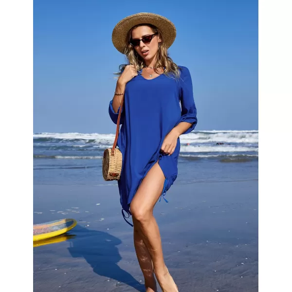 HOTOUCH Womens Swimwear Swimsuit Cover Up Shirt 34 Roll Up Sleeve Bikini Bathing Suit Beach Dress with Sides DrawstringRoyal Blue