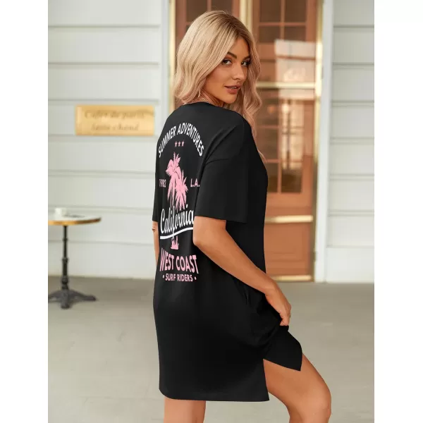 HOTOUCH Womens T Shirt Casual Dress Oversized Graphic Print Short Sleeve O Neck Beach Dress with Pockets NightgownBlackcoconut Palm