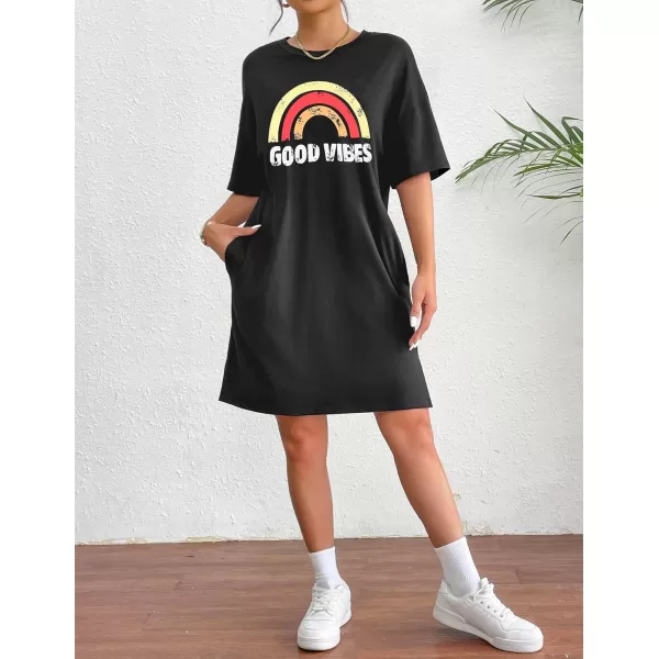 HOTOUCH Womens T Shirt Casual Dress Oversized Graphic Print Short Sleeve O Neck Beach Dress with Pockets NightgownBlackrainbow