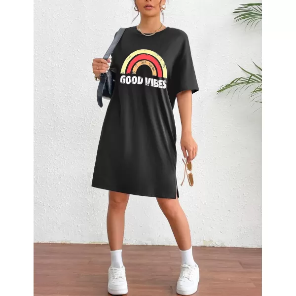 HOTOUCH Womens T Shirt Casual Dress Oversized Graphic Print Short Sleeve O Neck Beach Dress with Pockets NightgownBlackrainbow