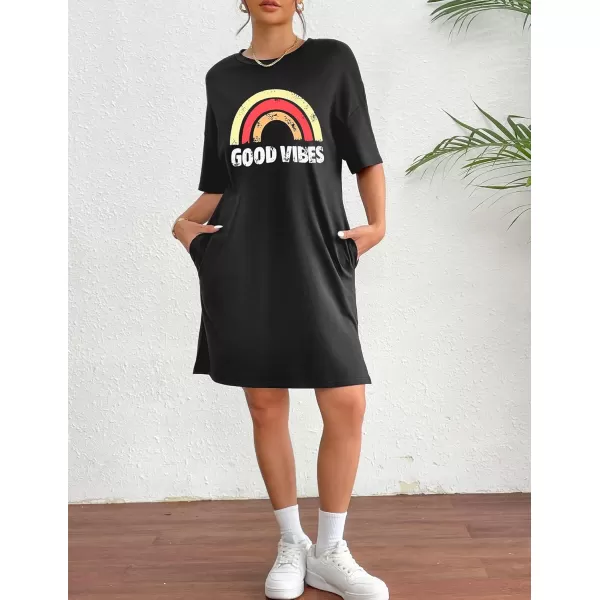 HOTOUCH Womens T Shirt Casual Dress Oversized Graphic Print Short Sleeve O Neck Beach Dress with Pockets NightgownBlackrainbow