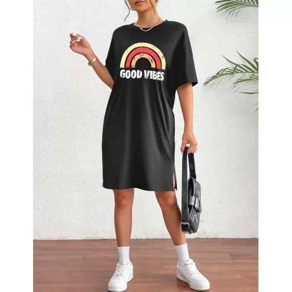 HOTOUCH Womens T Shirt Casual Dress Oversized Graphic Print Short Sleeve O Neck Beach Dress with Pockets NightgownBlackrainbow