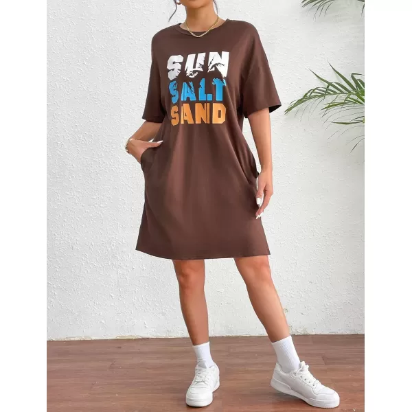 HOTOUCH Womens T Shirt Casual Dress Oversized Graphic Print Short Sleeve O Neck Beach Dress with Pockets NightgownBrown