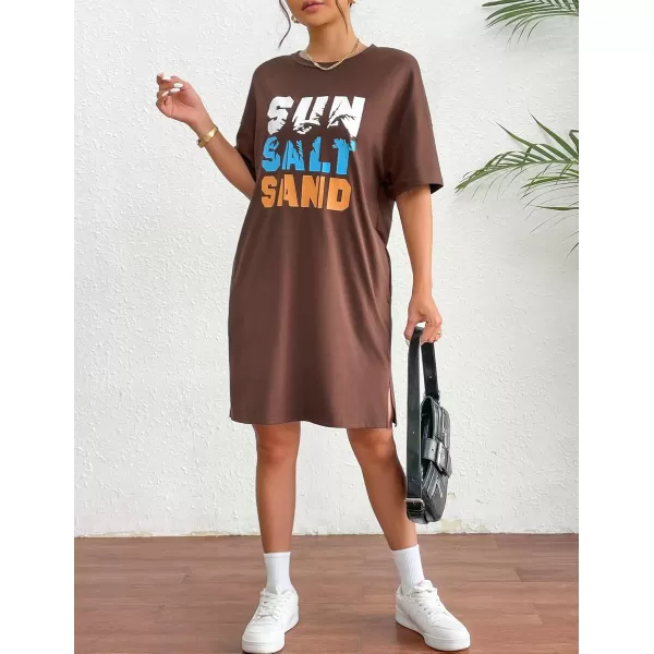 HOTOUCH Womens T Shirt Casual Dress Oversized Graphic Print Short Sleeve O Neck Beach Dress with Pockets NightgownBrown