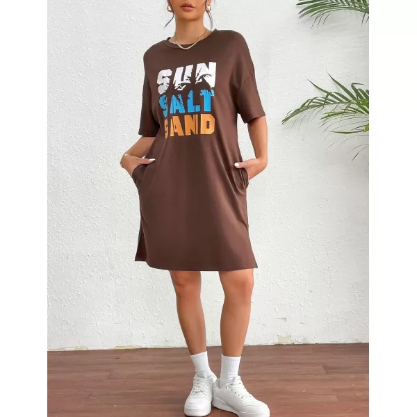 HOTOUCH Womens T Shirt Casual Dress Oversized Graphic Print Short Sleeve O Neck Beach Dress with Pockets NightgownBrown