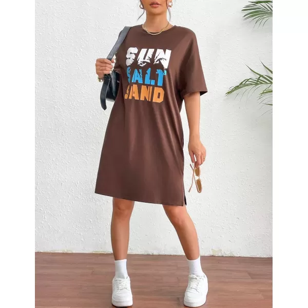 HOTOUCH Womens T Shirt Casual Dress Oversized Graphic Print Short Sleeve O Neck Beach Dress with Pockets NightgownBrown