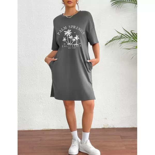 HOTOUCH Womens T Shirt Casual Dress Oversized Graphic Print Short Sleeve O Neck Beach Dress with Pockets NightgownGreycoconut Palm